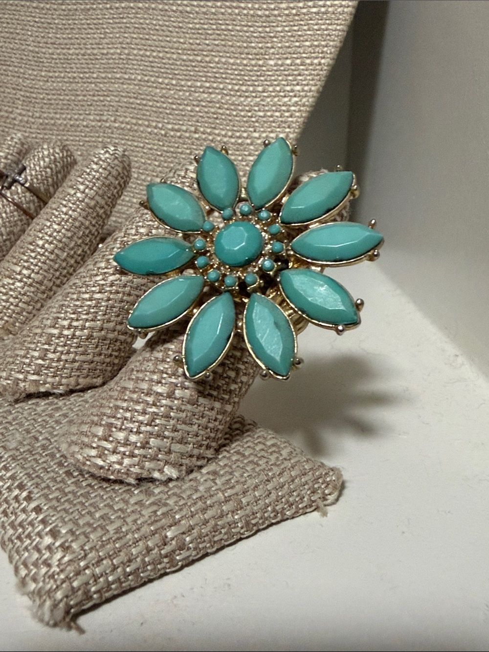 Turquoise Flower Burst Statement Ring - Gold Tone